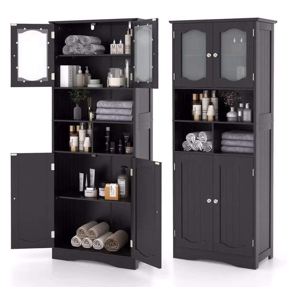 Kelvenix Freestanding Black Matt Bathroom Cabinet with Glass Doors, Height: 148 cm, Width: 30 cm – 4