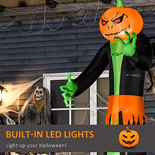HOMCOM 2.7m Inflatable Halloween Pumpkin Ghost with Built-in LEDs in Orange and Green – 3