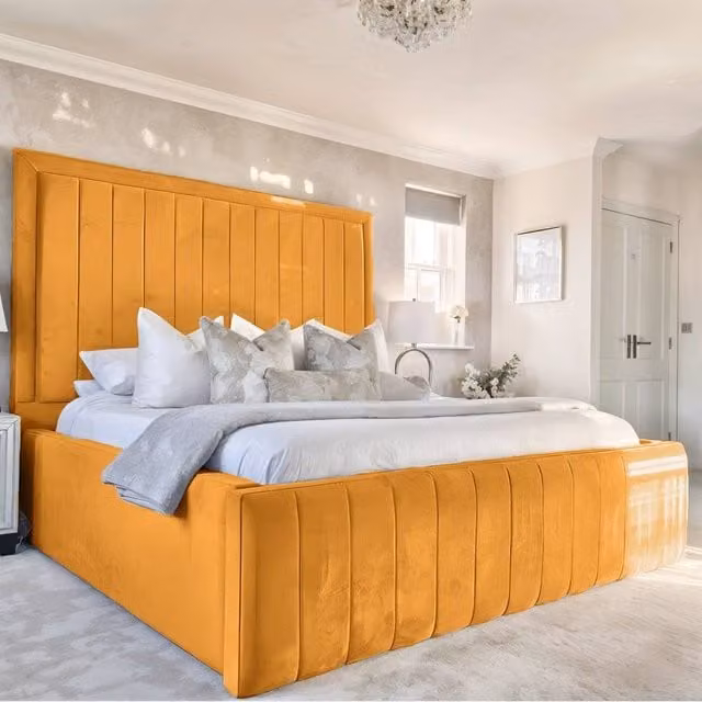 Living Comfort Bedz Geneva King Size Upholstered Velvet Bed Frame with Lift Up Base in Yellow, W/D/H: 180 x 200 cm