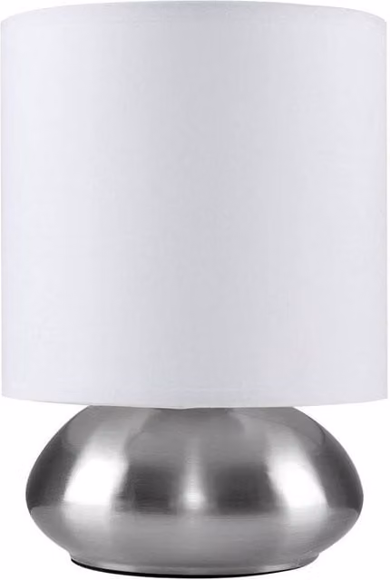FORGEVIO Modern Dimmable Touch Bedside Table Lamp with Chrome Base and White Fabric Shade, H 41.5 x W 15 x D 15 cm – 1