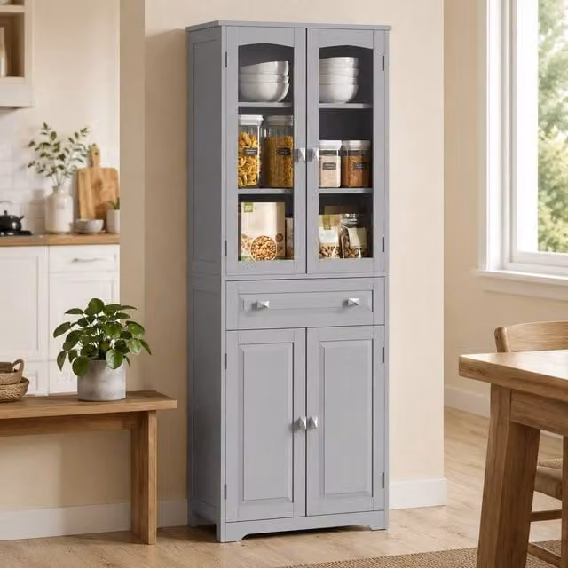 STILVORA Grey Tall Kitchen Storage Cabinet with Glass Doors and Internal Shelves, H: 160 x W: 60 x D: 30 cm