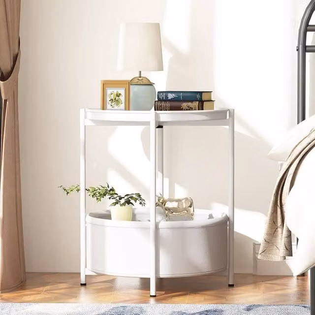 Huhote White 2 Tier Round Fabric and Metal End Side Table with Storage Basket