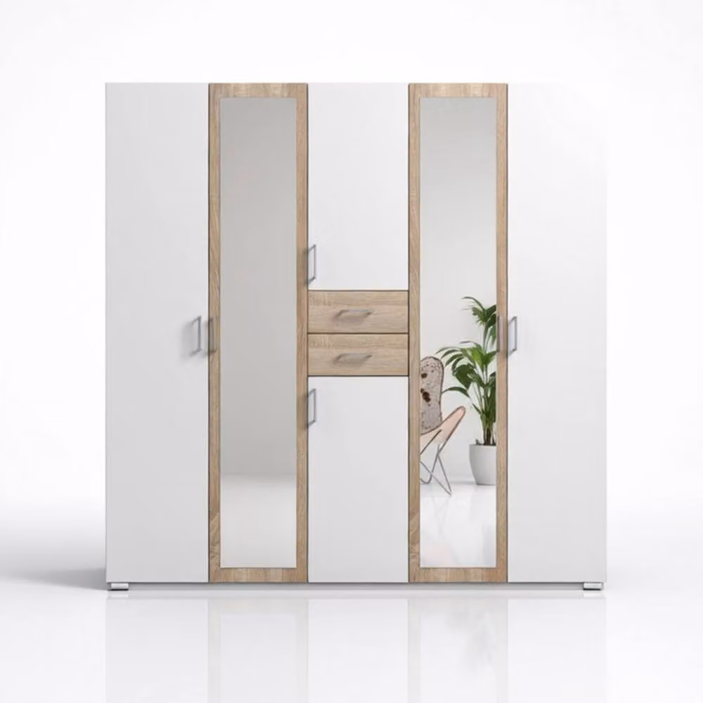 KDMD Diver Matt White and Oak 5 Door Wardrobe with Mirror and Hanging Rod, Width: 225 cm – 2