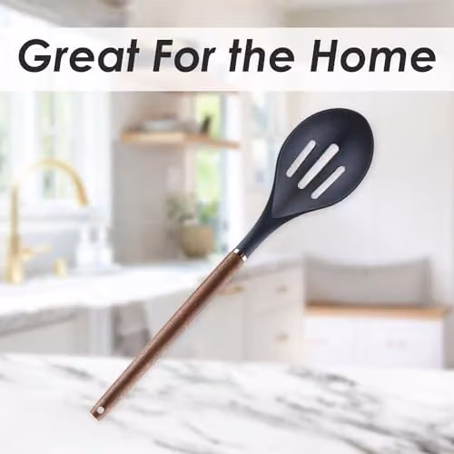 VFM Acacia Wood Slotted Spoon Skimmer with Heat Resistant Handle, Black, Length: 32 cm – 3
