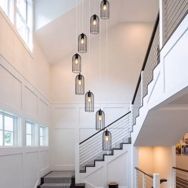 Garwarm 8 Light Modern Caged Pendant Light in Black, Industrial Metal Suspended Chandelier for Staircases and Dining Rooms – 1