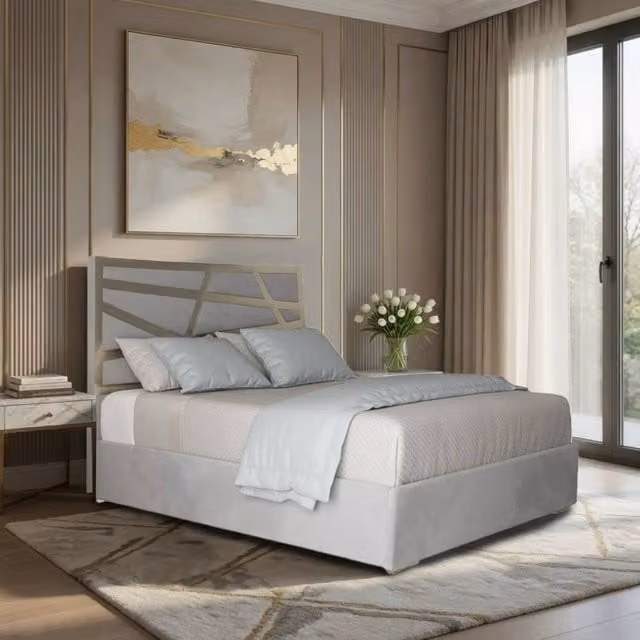 KDMD Fremington King Size Upholstered Velvet Designer Bed Frame in Grey with Metal Details, 180 x 200 cm – 1
