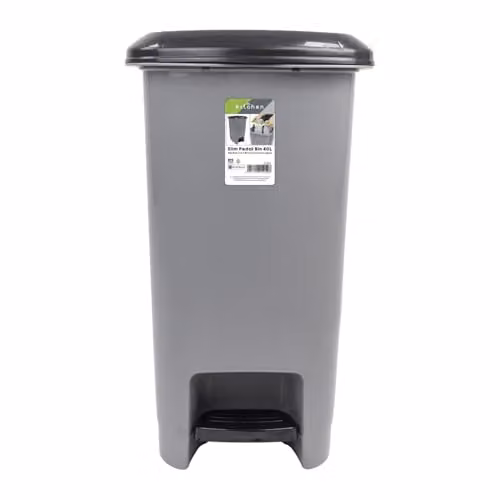 JVL Slim Plastic Lidded Foot Pedal Waste Bin, 40L, Grey, W/D/H: 31.0 x 44.5 x 55.5 cm – 1