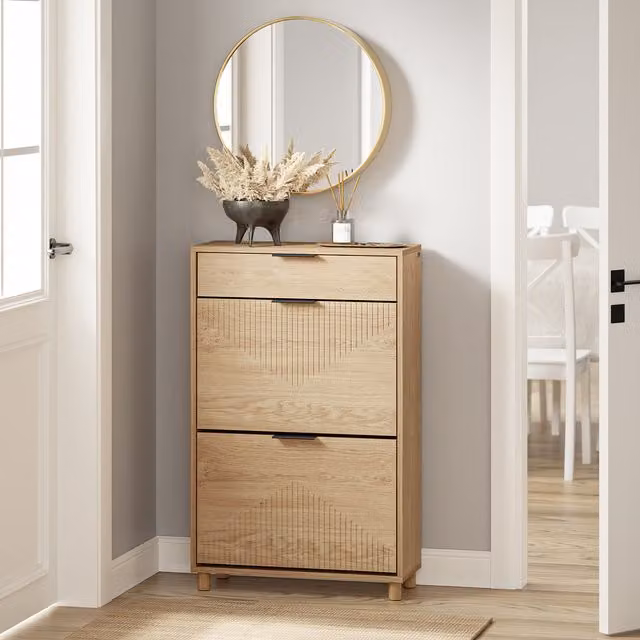 SoBuy Modern Brown Oak Shoe Cabinet with Tilting Compartments and Internal Shelves