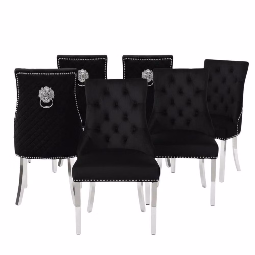 Home Luxe Interior Set of 6 Majestic Hudson Black Leather Lion Knocker Dining Chairs – 2