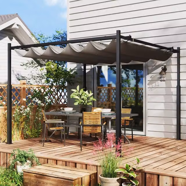 Outsunny Grey Outdoor Pergola with Retractable Roof and Steel Frame, W/D/H: 300 x 300 x 300 cm