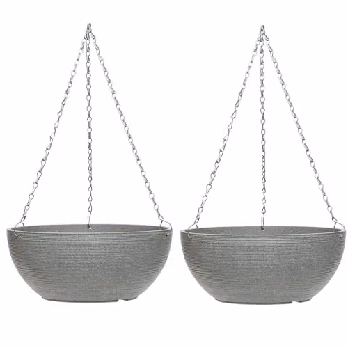Garden Gear Large Cool Grey Stone Effect Hanging Basket Planter with 3-Way Metal Chain, 35cm Diameter