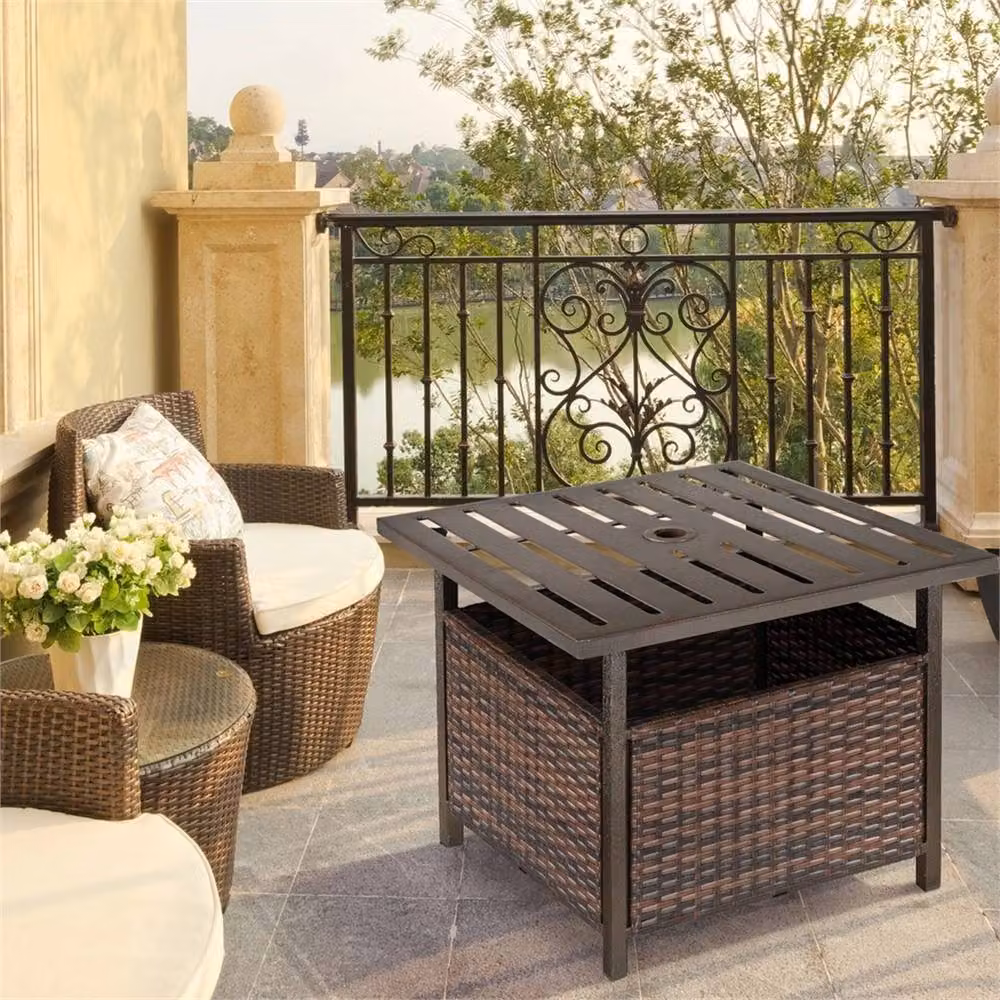 SPETLEK Rattan Outdoor Coffee Table with Umbrella Hole in Brown, W: 100 cm, D: 60 cm, H: 60 cm – 2