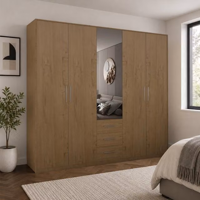 Swindon Oak 5 Door Wardrobe with Mirror and 3 Integrated Drawers, Brown, Width: 200 cm