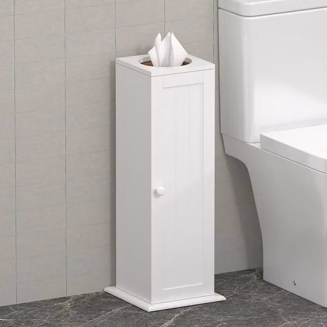 Xample White Wood Freestanding Toilet Paper Roll Holder and Bathroom Storage Cabinet