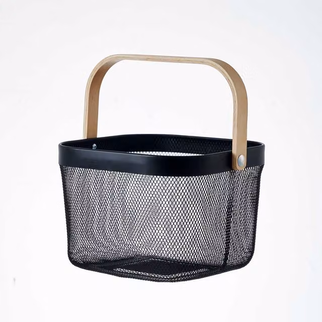Eden & Willow Black Mesh Metal Storage Basket with Wooden Handles