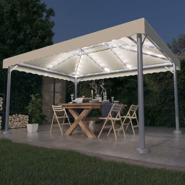 Berkfield Home Aluminium Gazebo with LED String Lights, Beige, W: 400 cm, D: 300 cm – 1