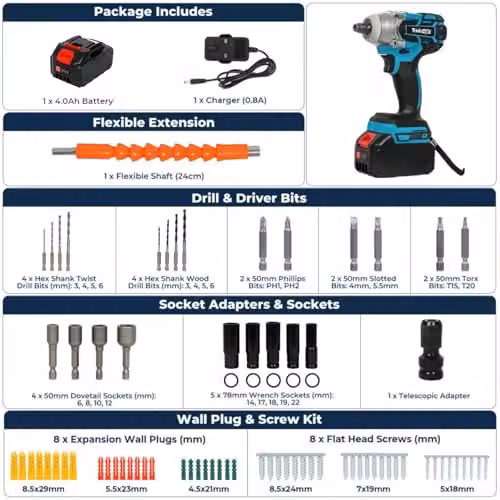 Traderight 21V Cordless Brushless Impact Wrench 73-Piece Kit with 550Nm High Torque, 1/2" and 1/4" Adapters, 4.0Ah Battery and Fast Charger in Black and Blue – 2