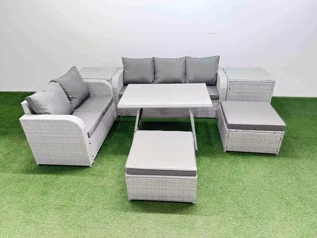 Fimous Rectangular Dining Table Sofa Set in Light Grey with 2 Large Stools and 2 Side Tables