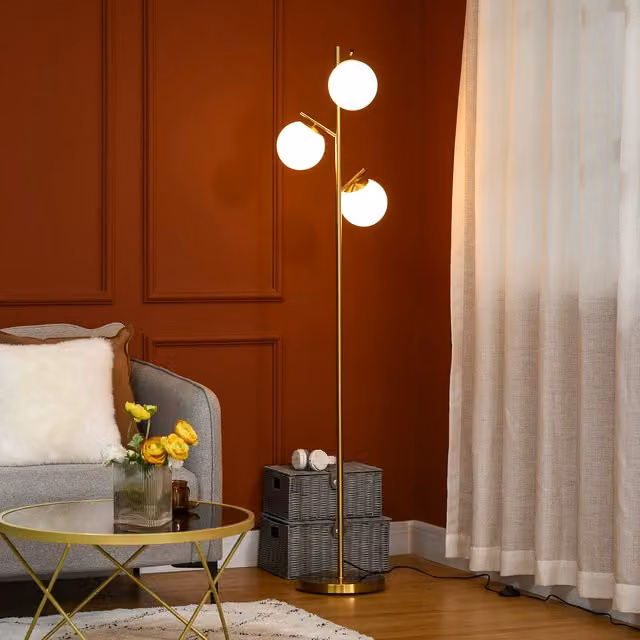 HOMCOM Modern 3-Light Tree Floor Lamp with White Glass Spheres in Gold/Brass – 1