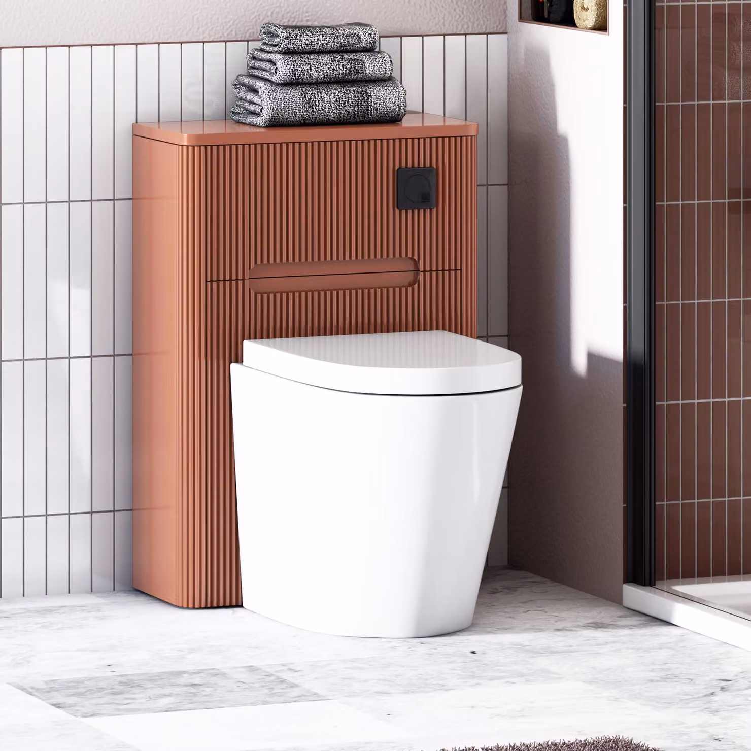 Avenza Terracotta Clay BTW WC Unit with Cesar Rimless Ceramic Toilet Pan, Soft Close Seat and Cistern, Width: 55 cm