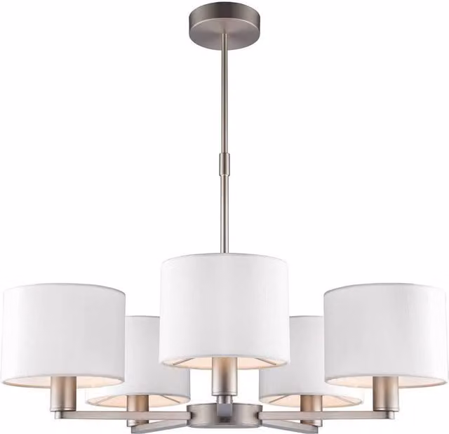 Netlighting Daley 5 Light Multi Arm Ceiling Pendant in Matt Nickel with White Silk Effect Fabric Shades and E14 Base