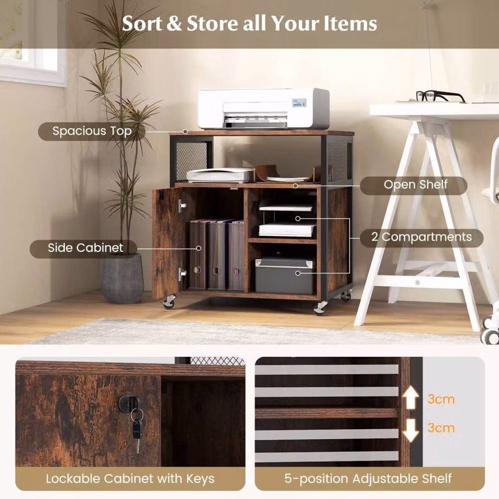 Costway Mobile Lateral Filing Cabinet with Charging Station in Brown – 5