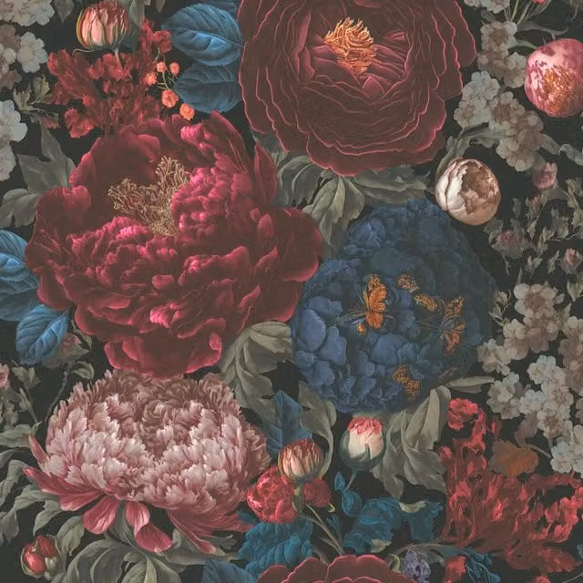 I Love Wallpaper Grand Peony Garden Floral Wallpaper in Burgundy, Blue and Red