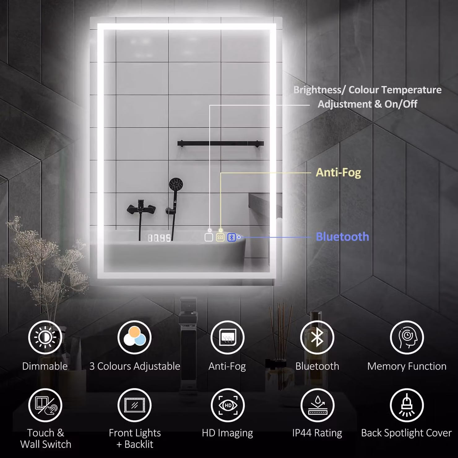 HOMCOM Silver Bathroom Mirror with Bluetooth Clock, Lights and Demister Pad, W: 50 cm, H: 70 cm – 4