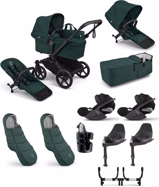 Bugaboo Donkey 6 Twin Essential Bundle with Cybex Cloud T i-Size Rotating Baby Car Seat in Fern Green