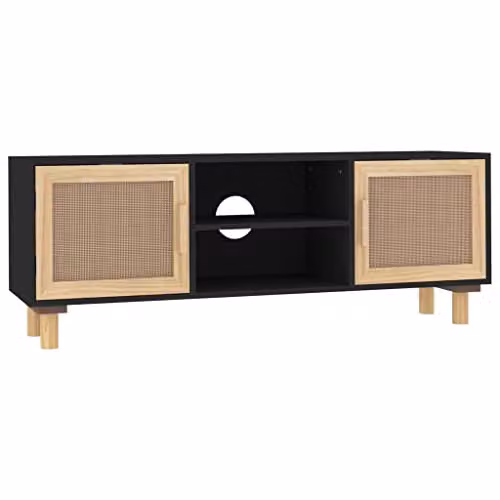 vidaXL TV Cabinet in Black Solid Pine Wood with Natural Rattan, W: 105 cm, D: 40 cm, H: 40 cm