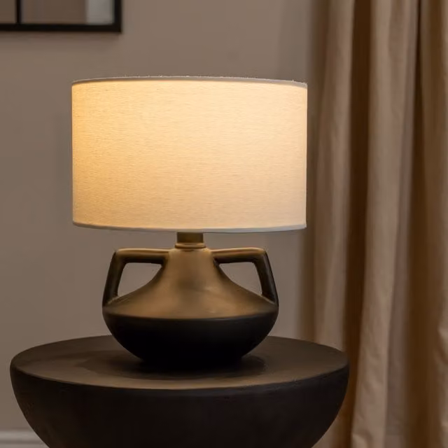 Zoe Ceramic Vase Table Lamp with Beige Linen Drum Lampshade and LED Bulb, Black