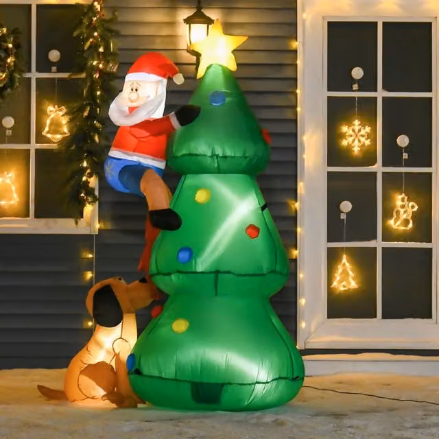 HOMCOM 6ft Inflatable Green Christmas Tree with LED Lights and Santa Claus Dog – 1
