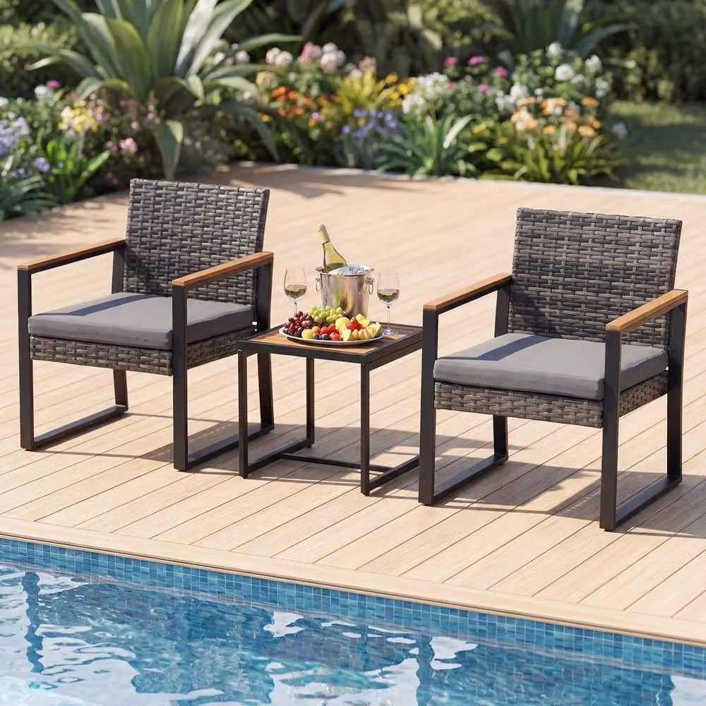 Costway 3-Piece Grey PE Wicker Patio Conversation Set with Cushions and Side Table – 4