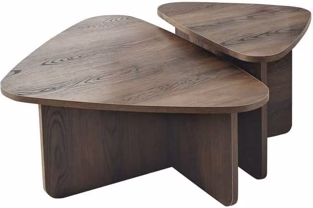 CALICOSY Set of 2 Triangular Coffee Tables with Rounded Edges in Brown Walnut, W/D/H: 60 x 60 x 35 cm