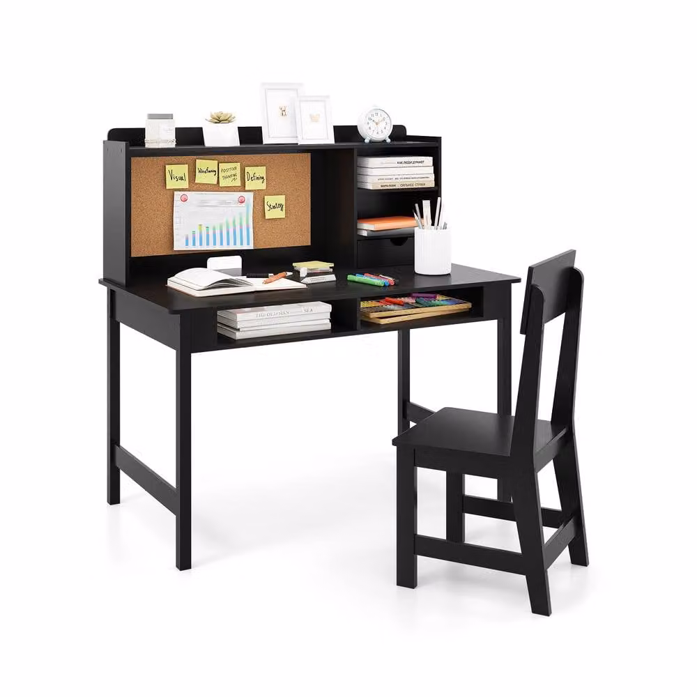 CASART Kids Wooden Study Table and Chair Set with Hutch and Shelves in Black – 4