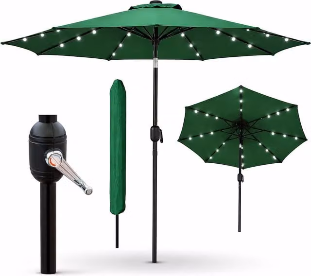 Glamhaus Green Solar Power LED Tilting Garden Umbrella with UPF 50+ Protection, Diameter: 270 cm – 1
