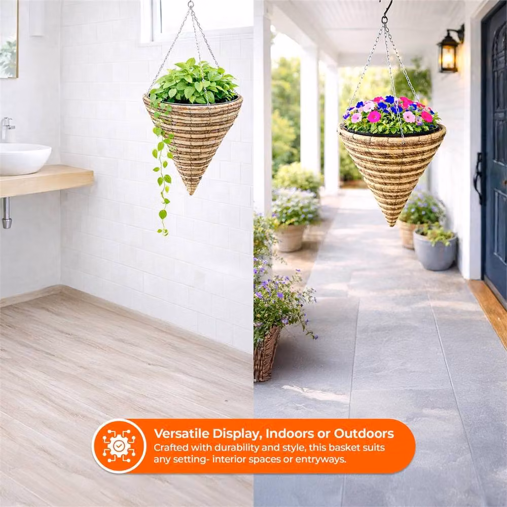 FLAVORA Two Tone Rope Cone Rattan Hanging Basket with Liner and Hook in Beige and Brown, Diameter: 30 cm – 2