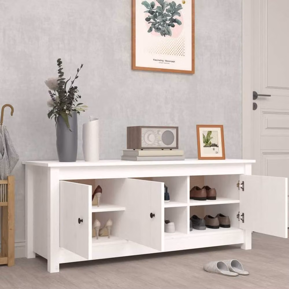 Berkfield Home White Solid Wood Pine Shoe Cabinet W: 110 cm, D: 38 cm, H: 45.5 cm – 2