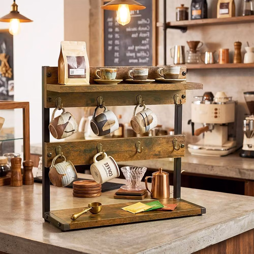 Levede Freestanding Mug Holder Stand with Shelf and 8 Hooks, Brown – 2