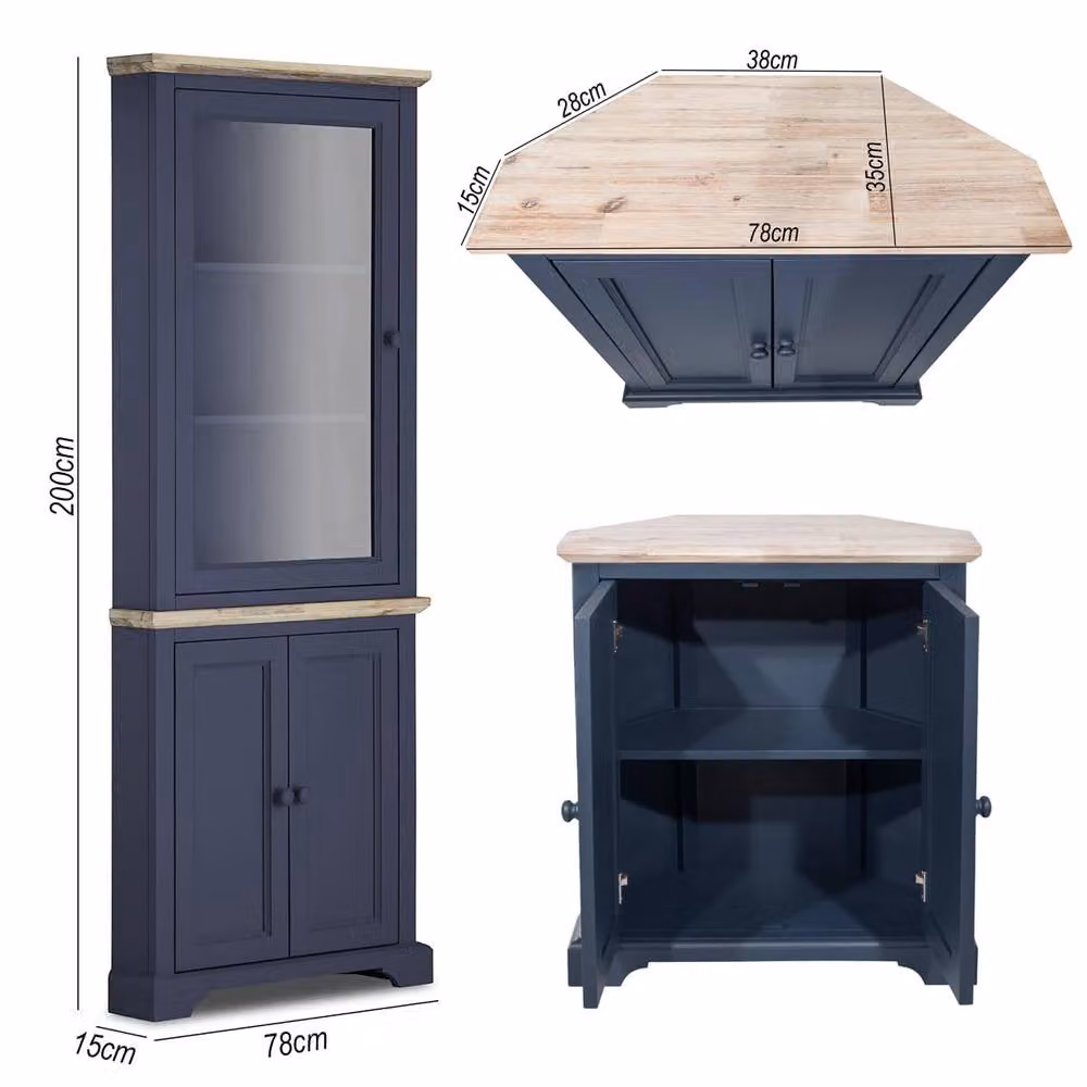 Statement Furniture Florence Corner Display Cabinet with Glass Doors in Navy Blue, W78cm x D35cm x H200cm – 3