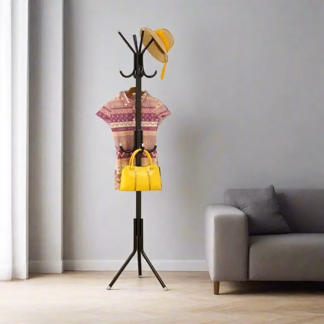 Modcraft Modern Metal Post Tree Coat Stand and Umbrella Hanger with 12 Hooks, Black, H 180 x W 45 x D 45 cm – 1