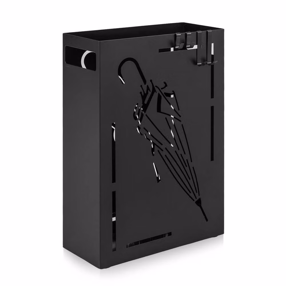 Gymax Metal Cutout Umbrella Stand with 4 Hanging Hooks and Removable Tray, Black – 11