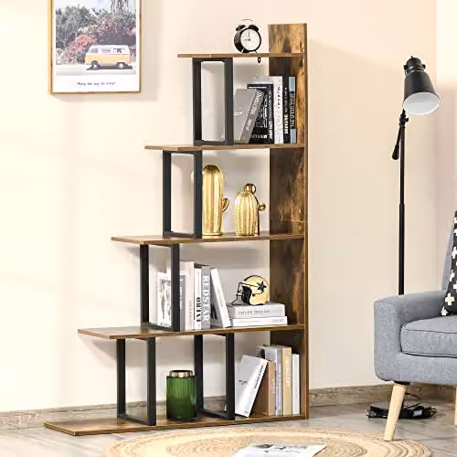 HOMCOM 5-Tier Rustic Brown Ladder Shelf Display Stand, H 160 x W 30 x D 16 cm – 2