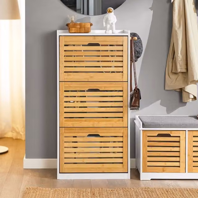 SoBuy Modern Shoe Cabinet Organiser with Tilting Compartments and Internal Drawers in White or Yellow