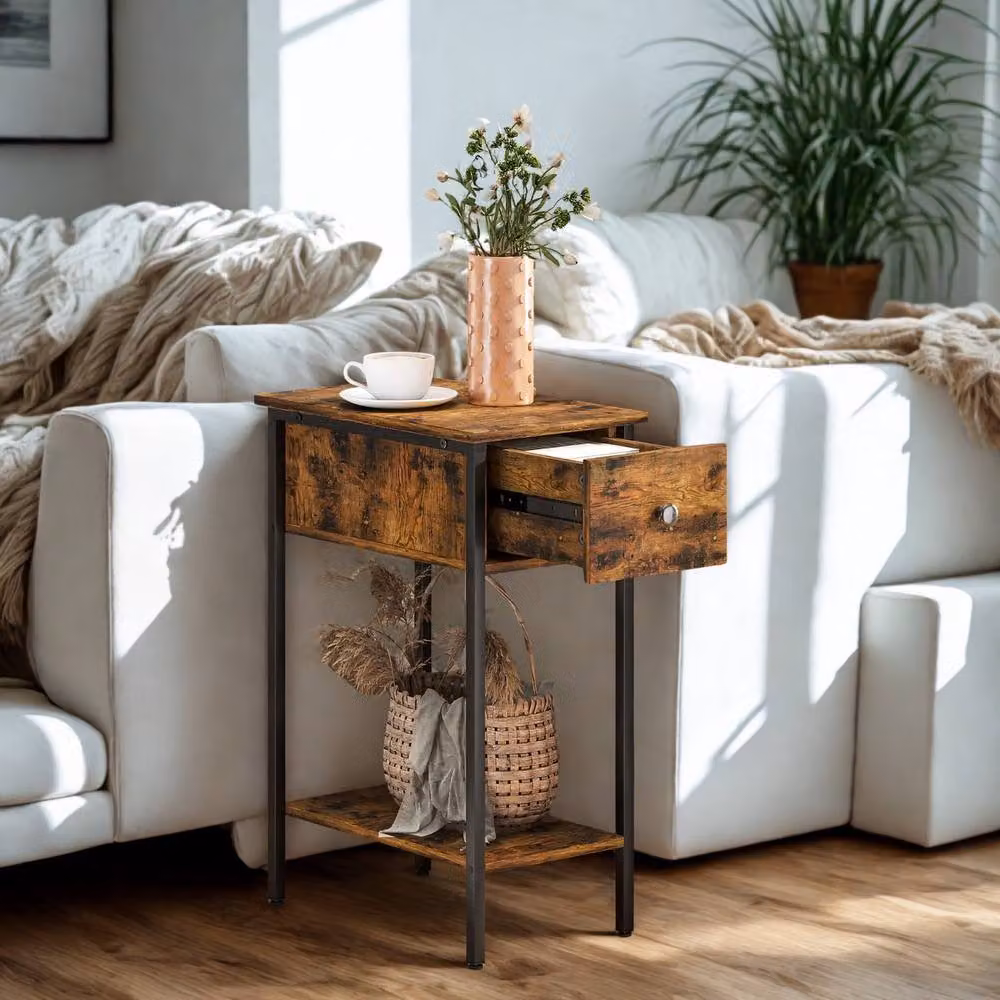 FURNOS 2 Tier Narrow Side End Table with Drawer, Brown and Black Industrial Style, W/D/H: 39.8 x 25.0 x 58.2 cm – 5