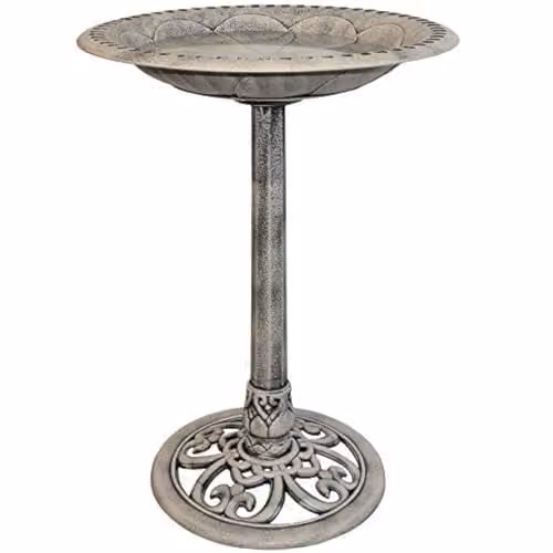 Eurotrade W Ltd Stone Effect Traditional Ornamental Plastic Pedestal Free Standing Wild Bird Bath in Grey and Multicolour, H 69.5 cm x W 50 cm x D 50 cm