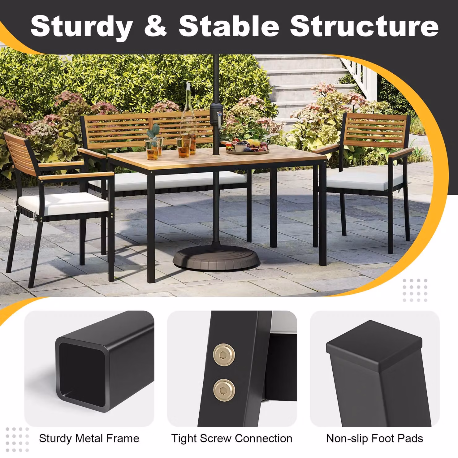 Gymax 4-Piece Modern Outdoor Patio Dining Set with White Metal and Oiled Acacia Wood – 8