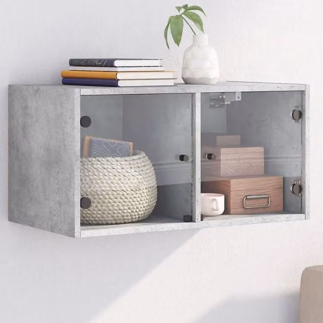 Berkfield Home Wall Mounted Cabinet with Glass Doors, Concrete Grey, W: 68.5 cm, D: 35 cm, H: 37 cm