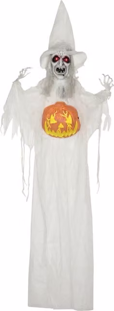 HOMCOM 6ft Outdoor Halloween Decoration Witch with Pumpkin, Life Size Hanging Skeleton Prop with Motion Activated Sound and Light Up Eyes, White – 1