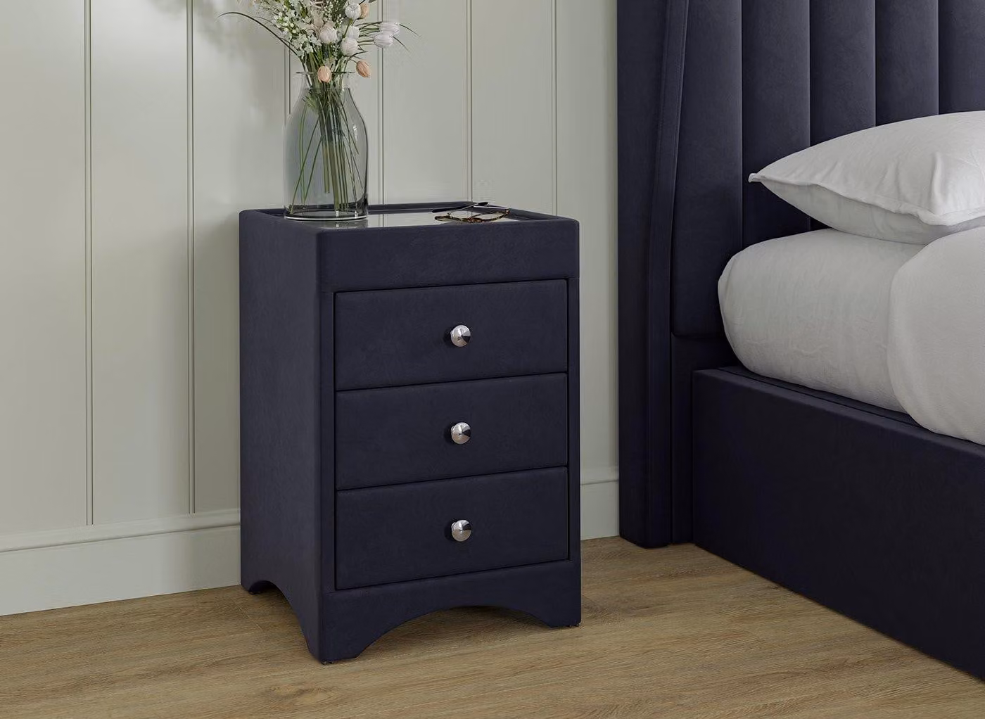 Dreams Camden Enzo Upholstered Bedside Table with Glass Top in Blue and Silver